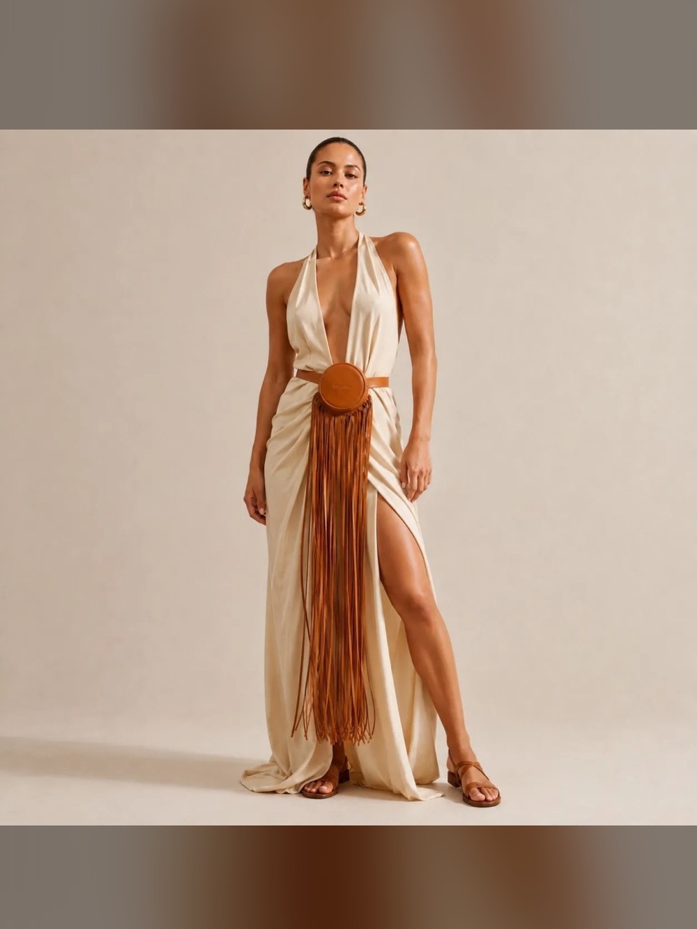 New Andrea Iyamah light brown leather Dun Tan Fringe Belt Bag